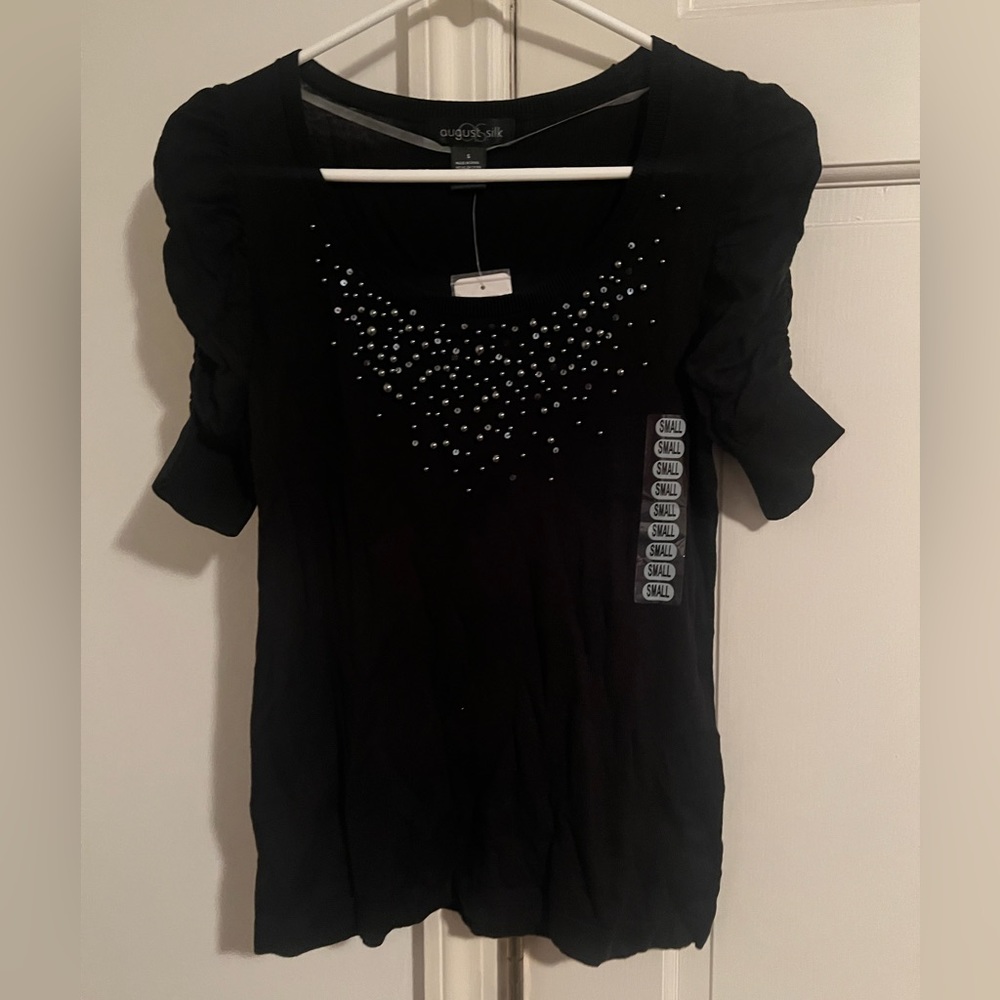 August Silk Ladies SS Scoop Neck Black Sweater Top Small NWT
